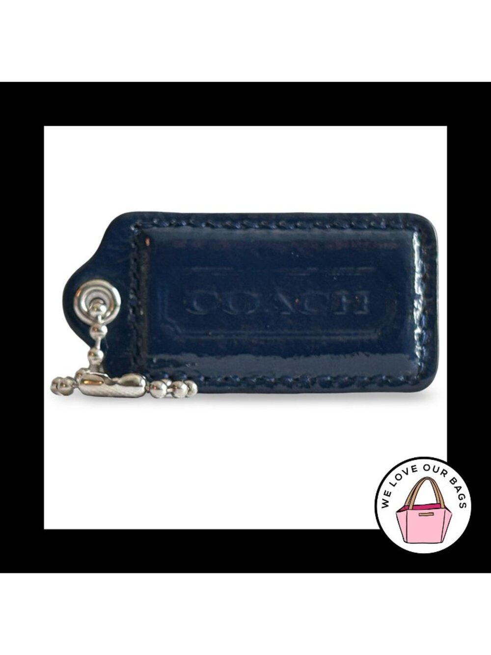 COACH HANG TAG 2.5" Navy Blue Patent Leather Bag Charm Keychain Fob Nickel Large